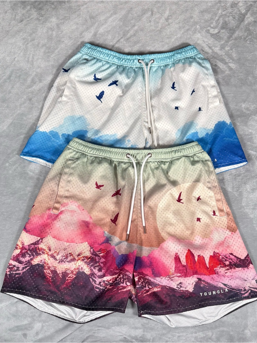 Lot Of 2 YoungLA Mesh Shorts Mens XL 4.5” Drawstring Nature Graphic Athletic